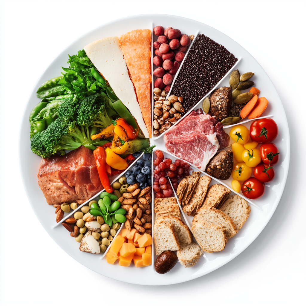 Visual representation of a balanced plate with proper proportions of food groups