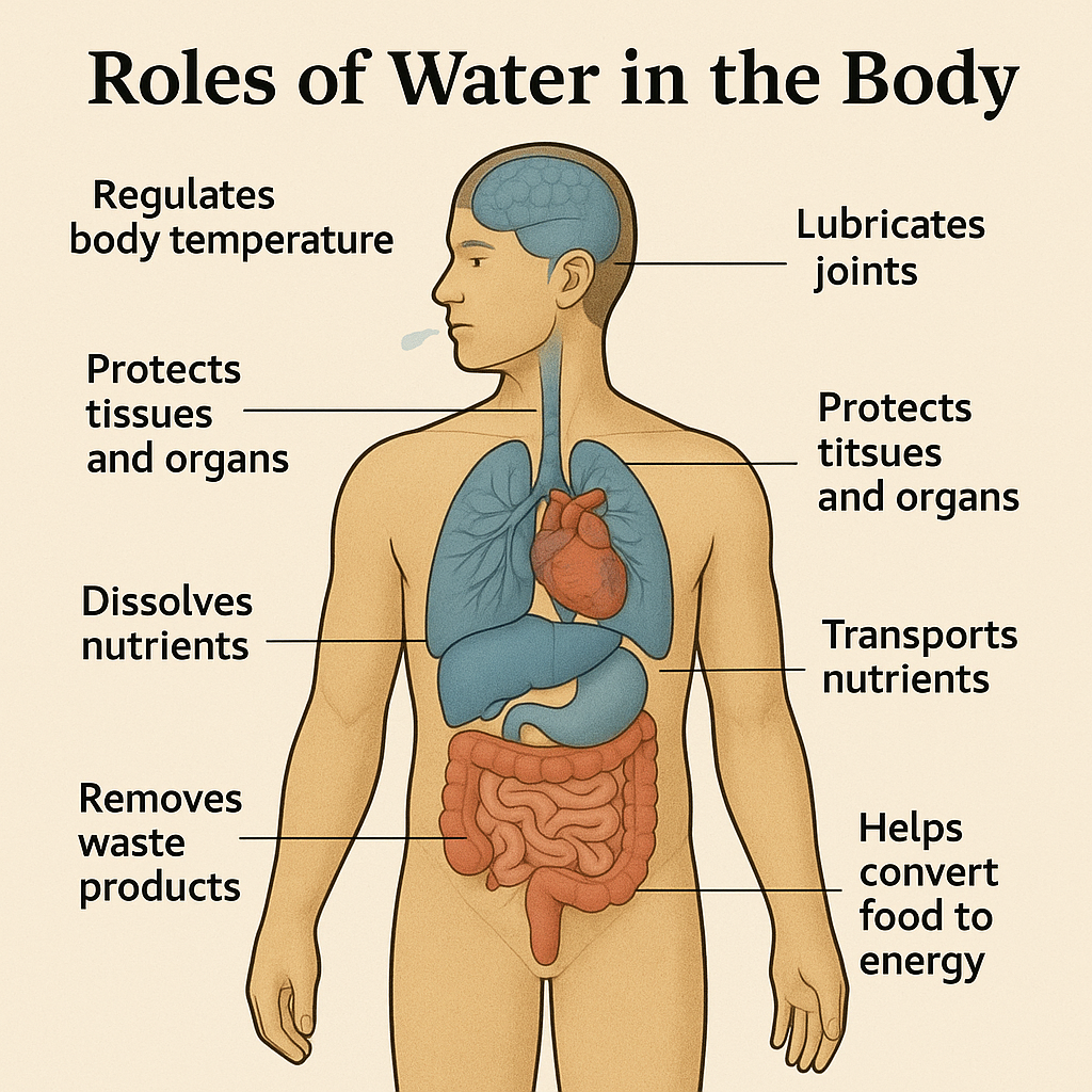 Diagram showing how water functions throughout the human body