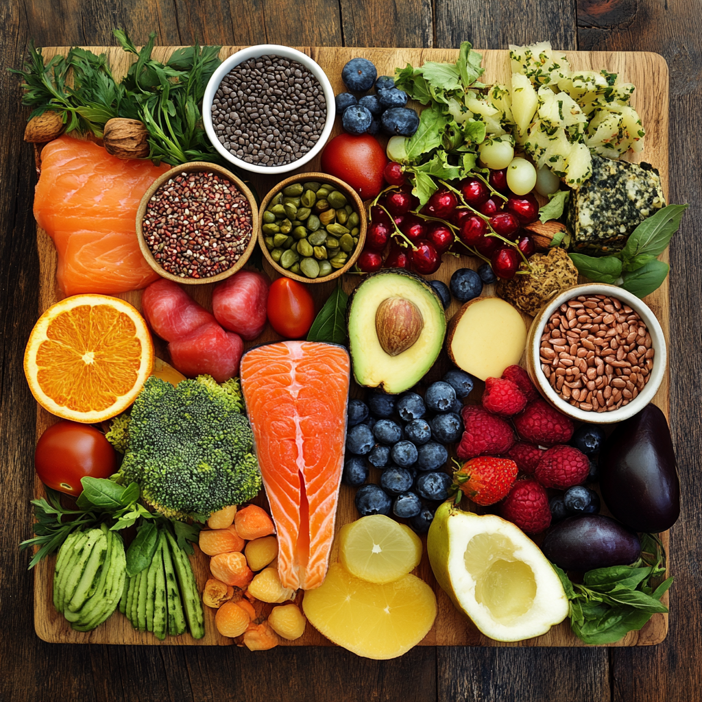 Diverse array of colorful whole foods from different food groups