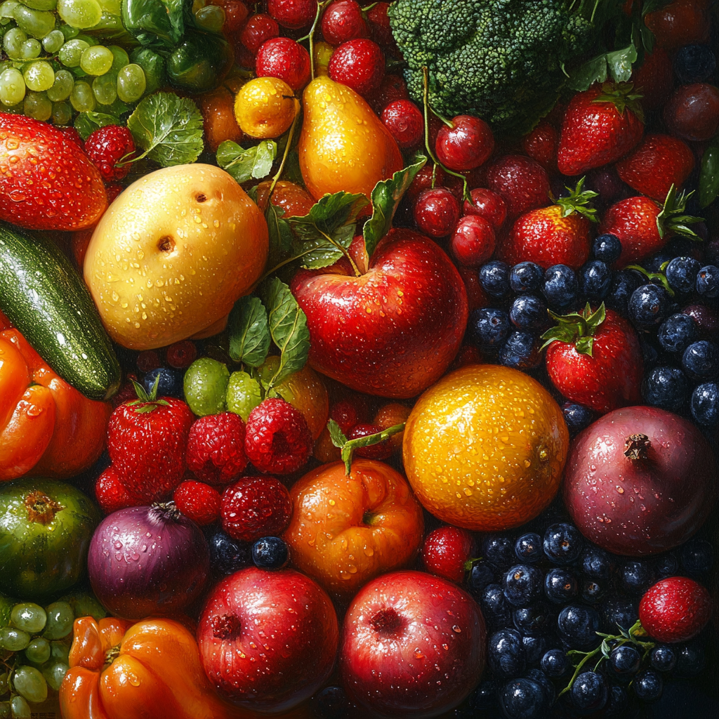 Array of water-rich fruits and vegetables