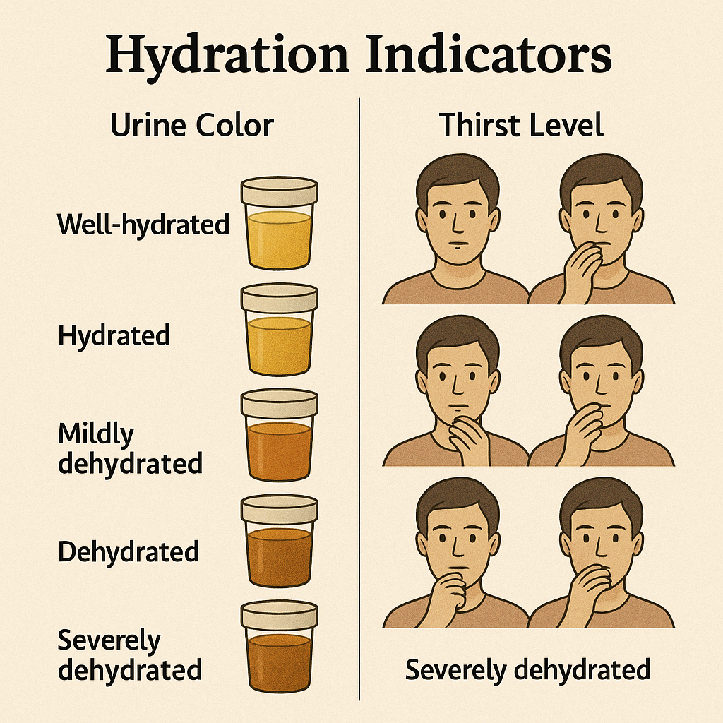 Visual guide showing hydration indicators like urine color and thirst levels