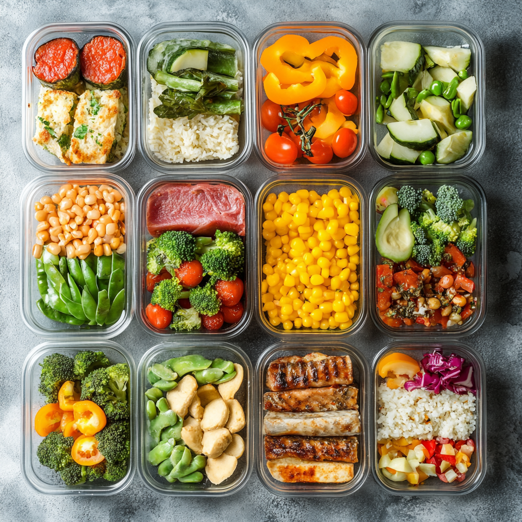 Organized meal prep containers with balanced portions of different food groups
