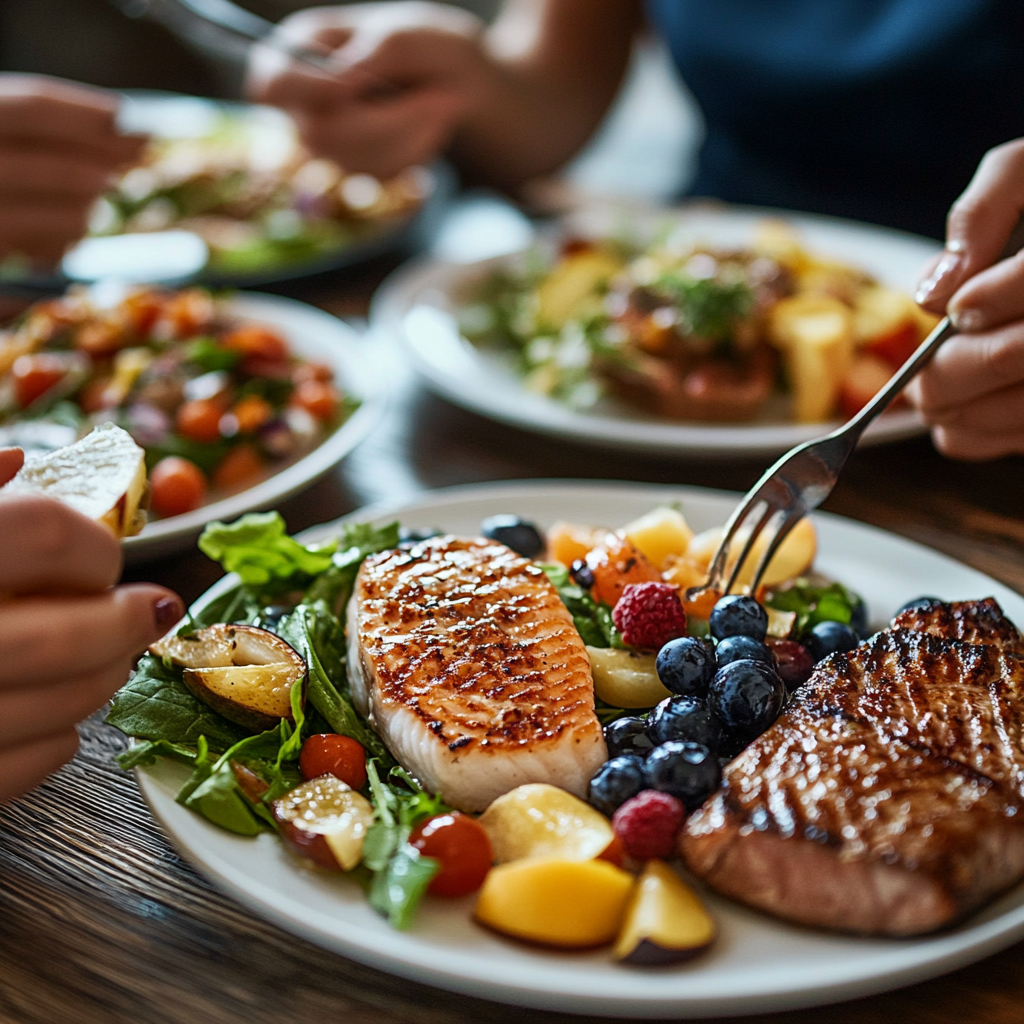 Different people with different dietary needs enjoying balanced meals
