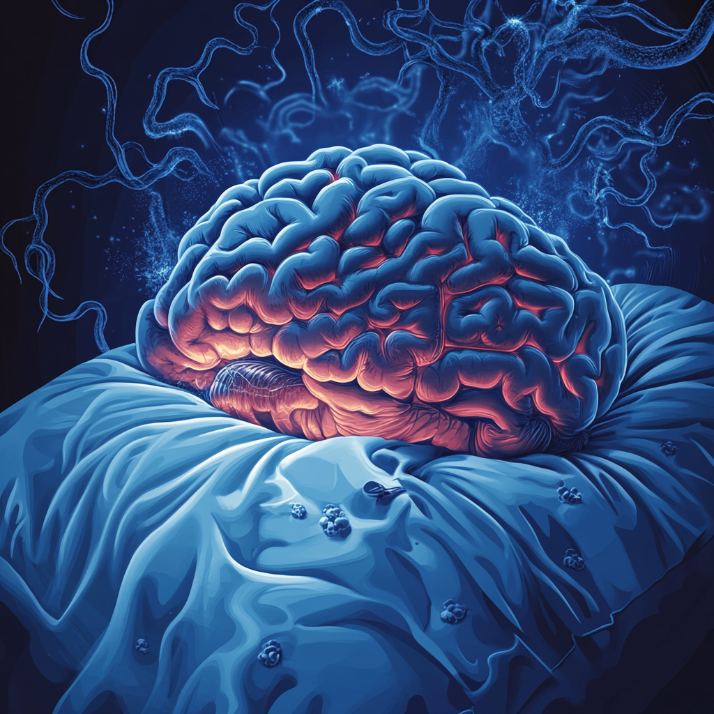 Illustration showing brain during sleep with memory consolidation and waste clearance